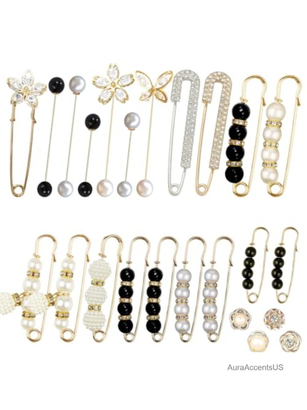 24 Piece Pearl Crystal Brooch Safety Button Pins for Clothes